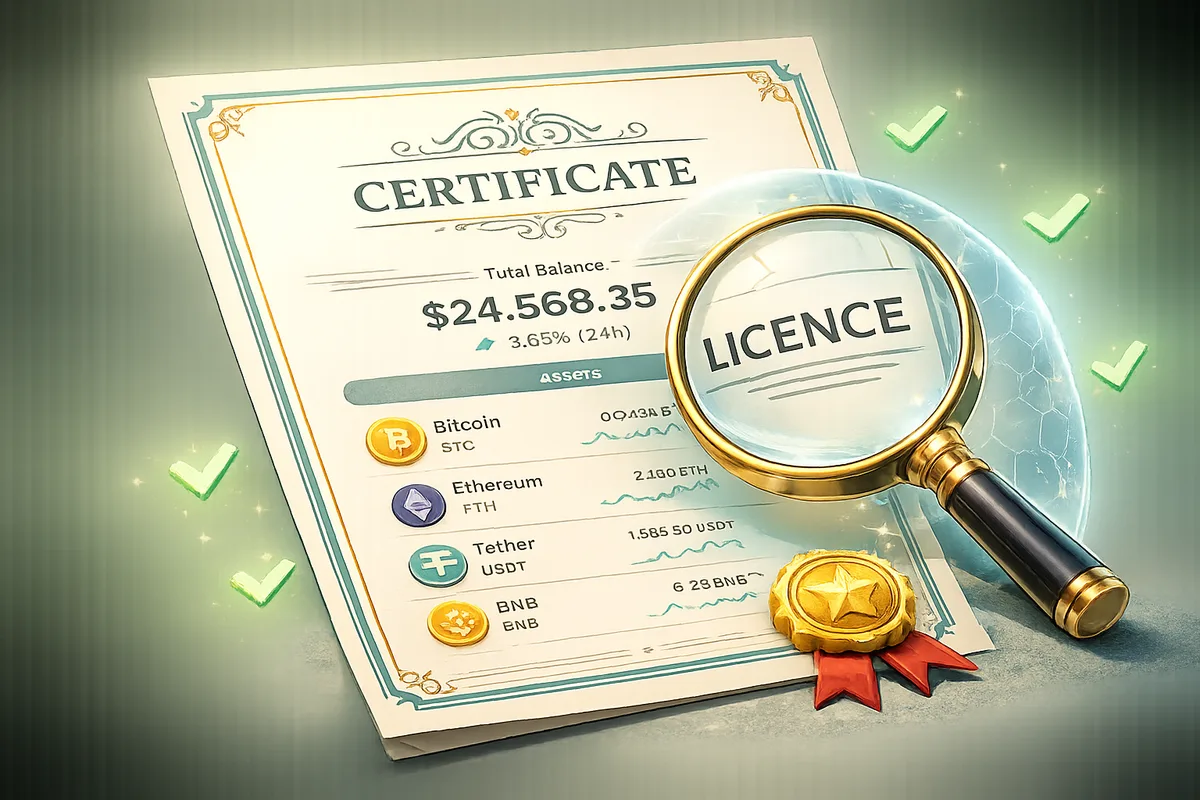 Illustration of an official licence certificate with the Australian coat-of-arms style crest and a checkmark