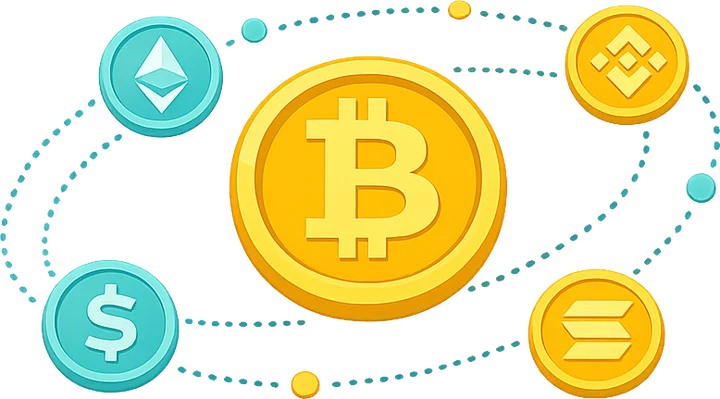Illustration of crypto coins orbiting a large gold coin