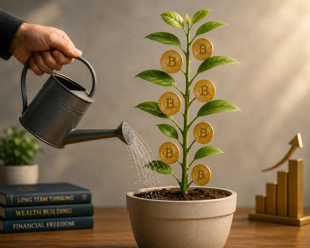 Illustration of regular fixed coin purchases accumulating over a calendar