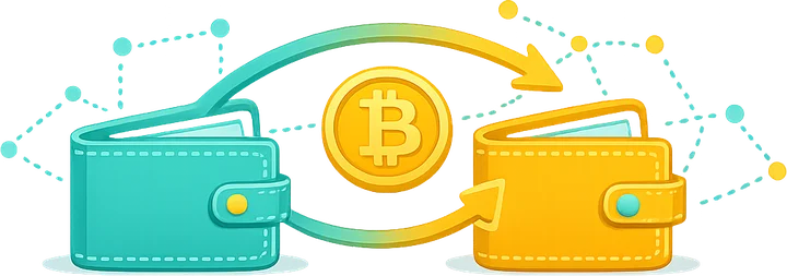 Illustration of two wallets exchanging a coin across a network