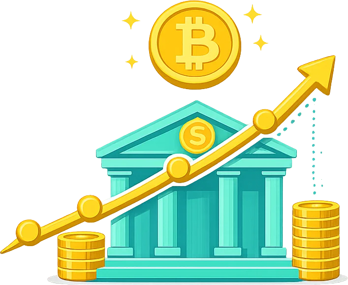 Illustration of a bank building with a rising chart and coin