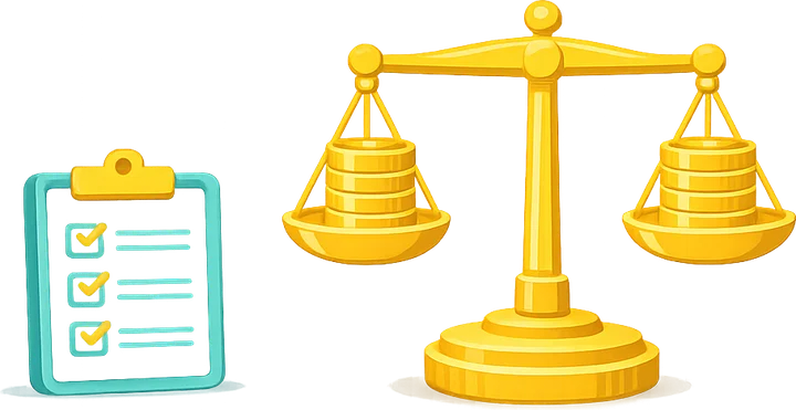Illustration of scales weighing stacks of coins with a checklist