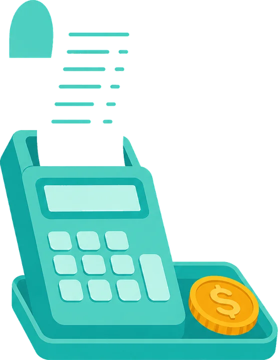 Illustration of a receipt printing from a calculator with a coin