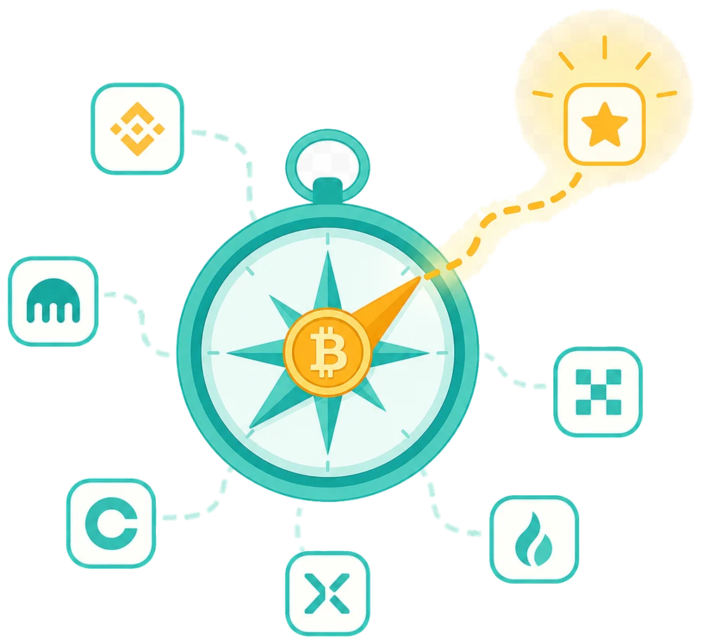 Illustration of a signpost pointing to different crypto exchanges