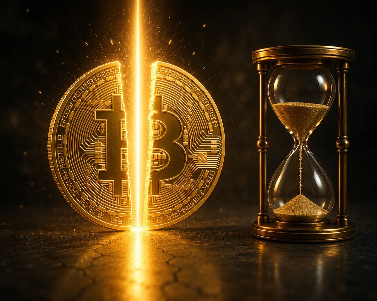 Illustration of a Bitcoin being split in half above a countdown timer