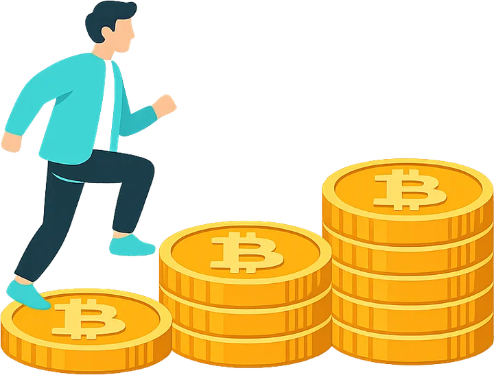 Illustration of a person climbing steps made of Bitcoin coins