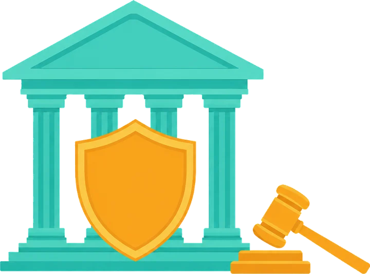 Illustration of a courthouse with a shield and gavel