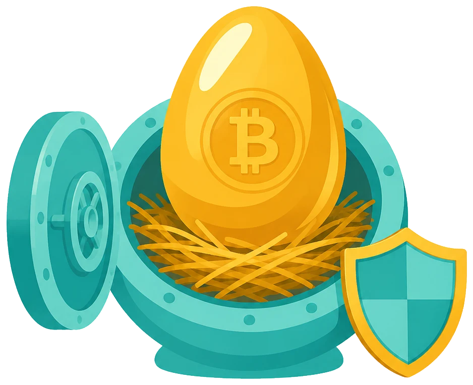 Illustration of a nest-egg safe holding crypto coins