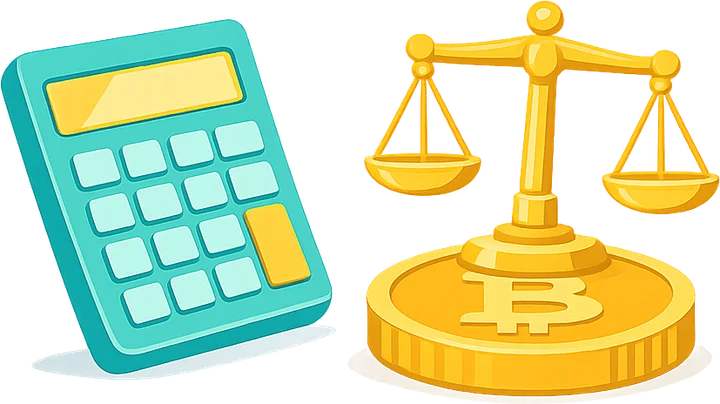 Illustration of a calculator and scales balanced on a Bitcoin