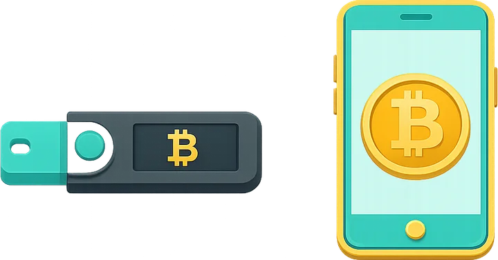 Illustration of a hardware wallet and phone wallet